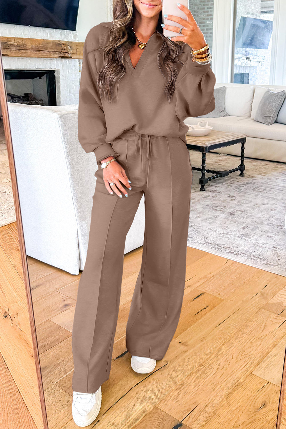 Dark Khaki Polo Collar V Neck Pullover and Drawstring Sweatpants Set Two Piece Pants Sets 92d1233bcb369357