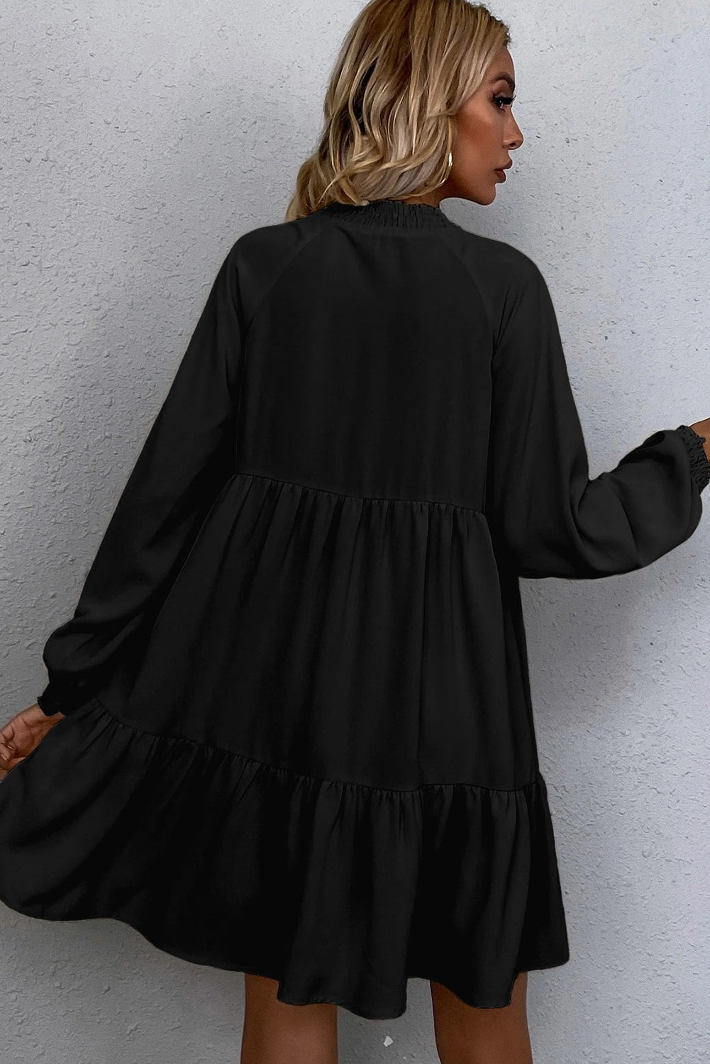 Black Tie Split Neck Smocked Detail Puff Sleeve Ruffle Hem Loose Dress Short Dresses 92d7c2f367bc78ad