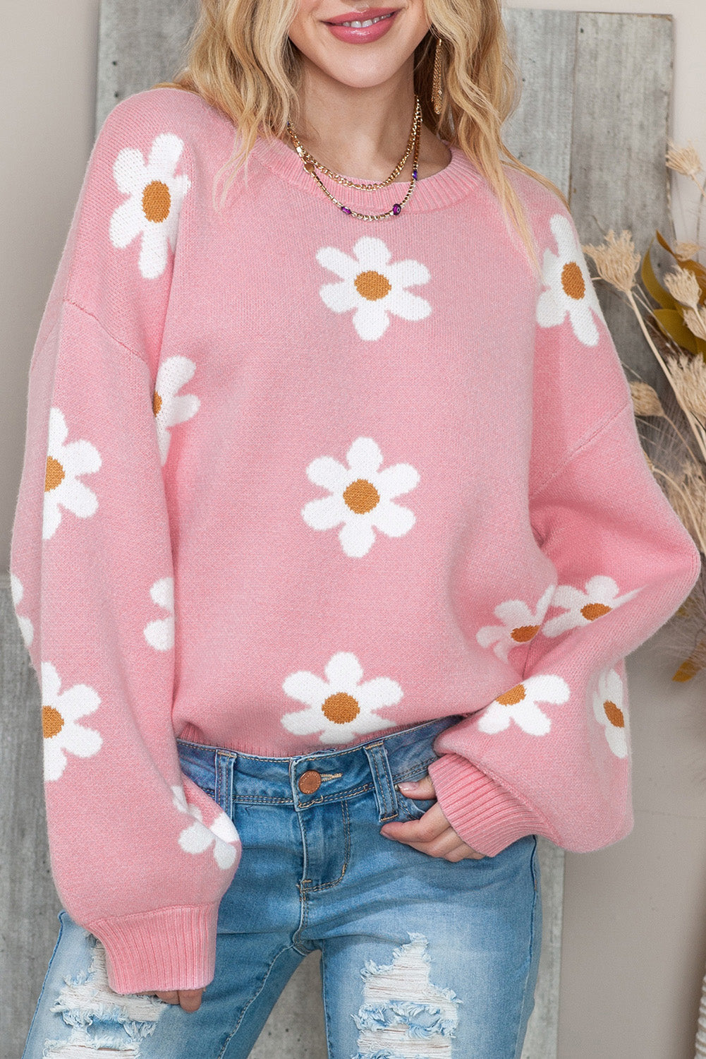 Pink 60s Floral Pattern Drop Shoulder Pullover Knit Sweater Sweaters 92d81bbab90dc526