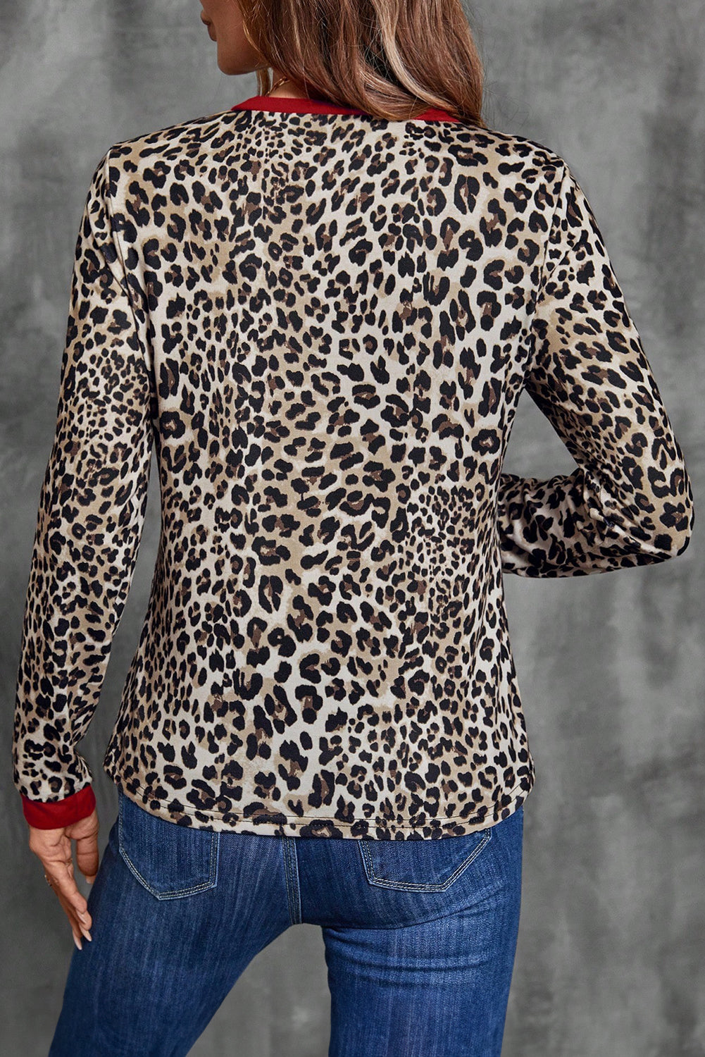 Brown Leopard Print Contrast Trim Round Neck Long Sleeve Top Long Sleeve Tops 92fa559927daf1b8