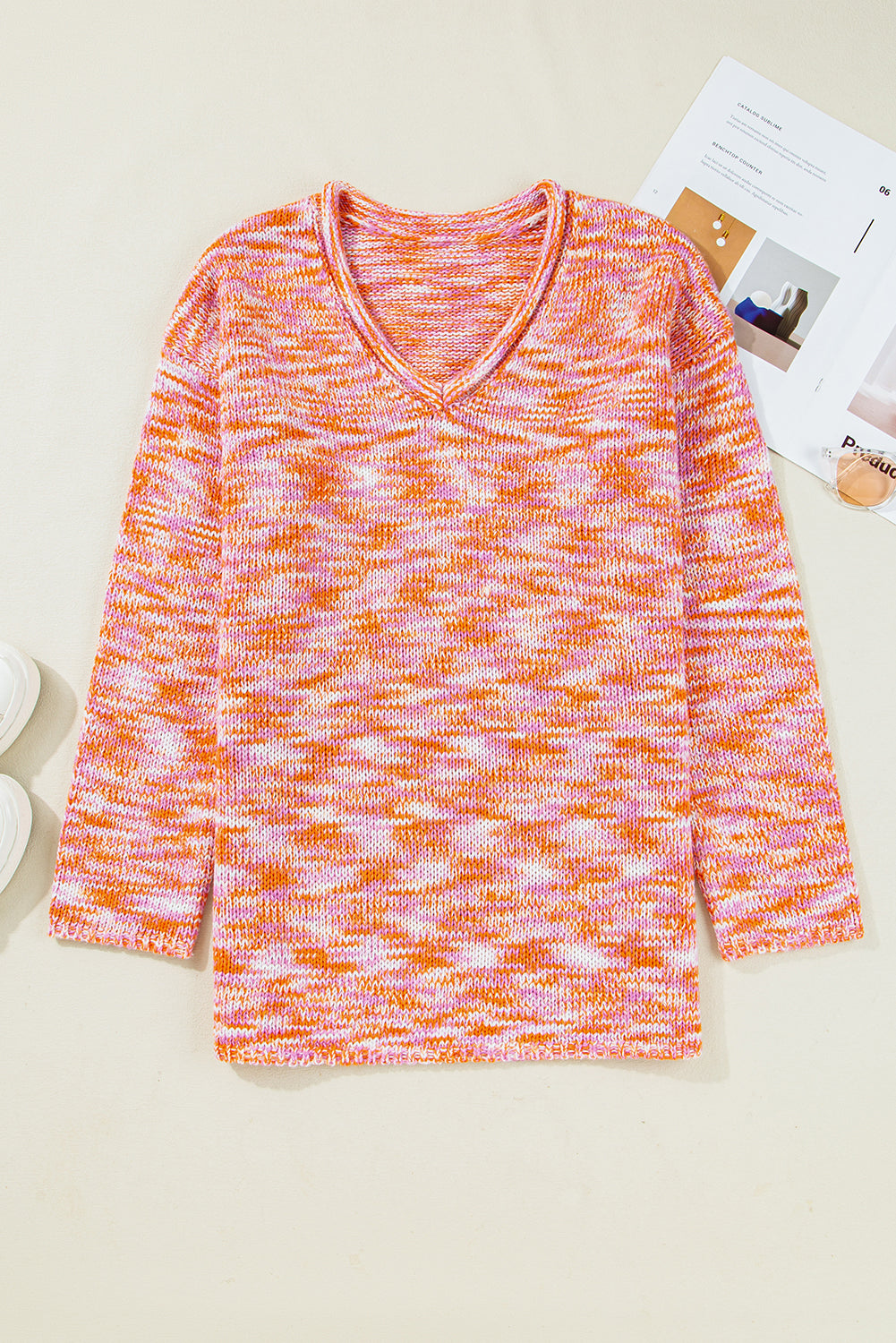 Orange Vibrant Abstract Print Drop Shoulder V Neck Oversized Sweater Sweaters 936164d4d77fa86e