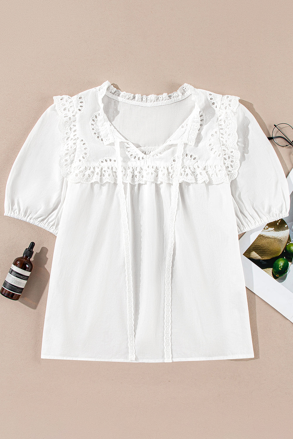 White Embroidered Lace Patchwork Tie Neck Half Sleeve Blouse Blouses 937eca20d92bfbbe