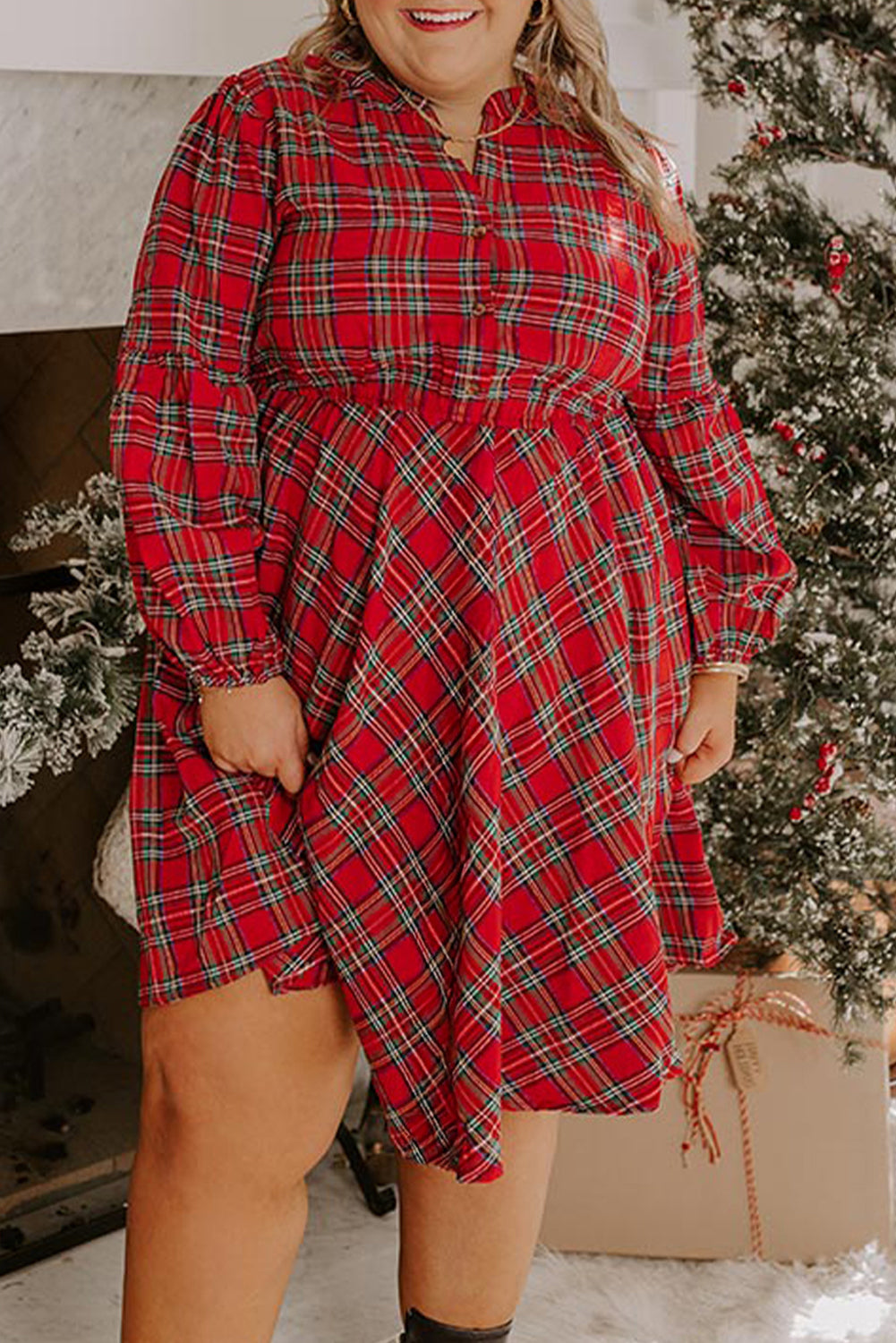 Red Plaid Half Button Long Sleeve Holiday Plus Size Dress Plus Size Dresses 937ff45f796cf5b3
