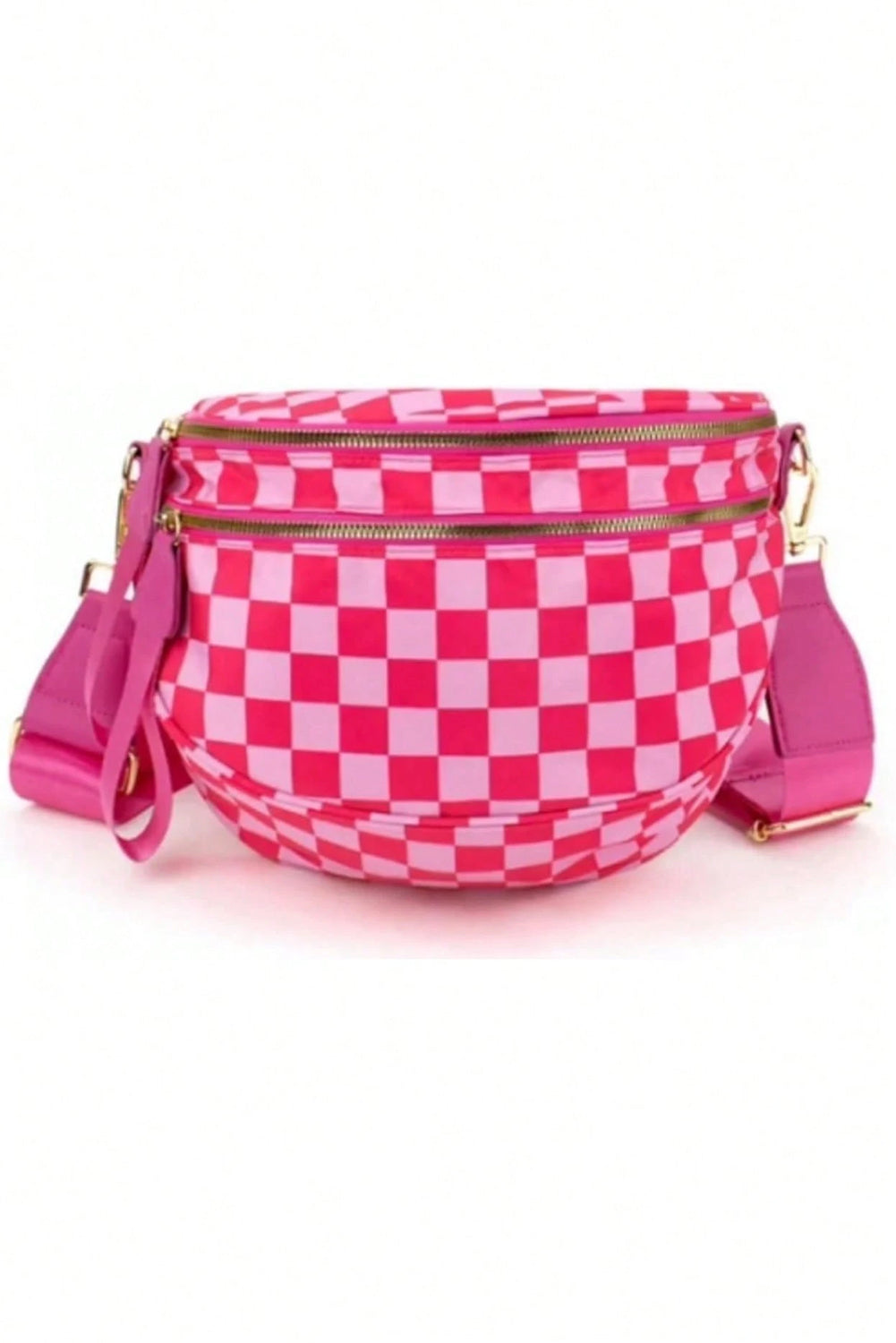 Pink Checkered Print Wide Strap Large Crossbody Bag Crossbody Bags 93a28905e39b74e1