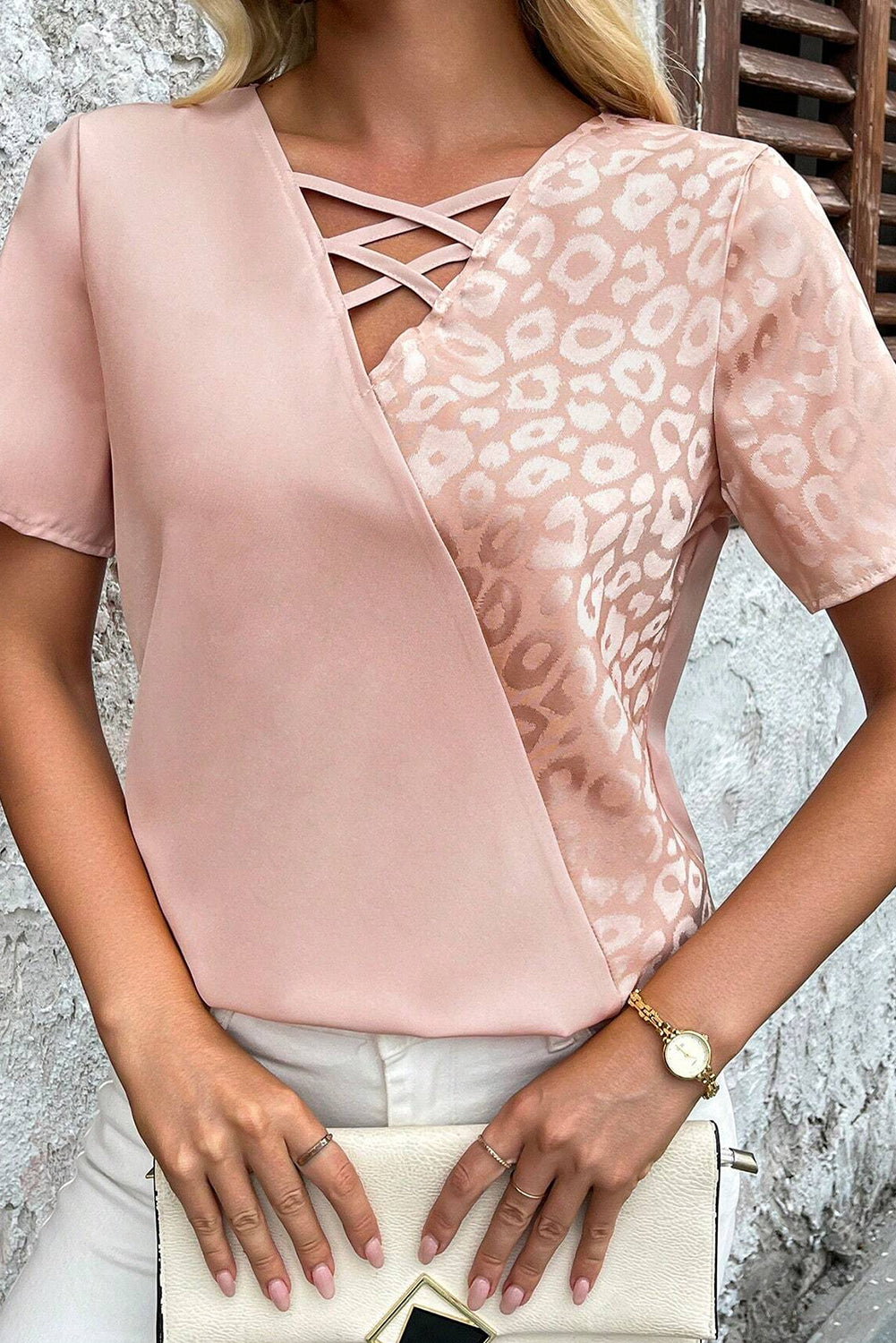 Apricot Pink Leopard Patchwork Cross Strappy V Neck Blouse Blouses 93c9e43abca12127