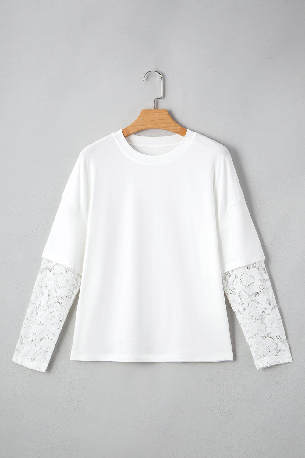 White Fake Two-Piece Lace Long Sleeve Drop Shoulder Tee T Shirts 93ea1c7c12a065d5