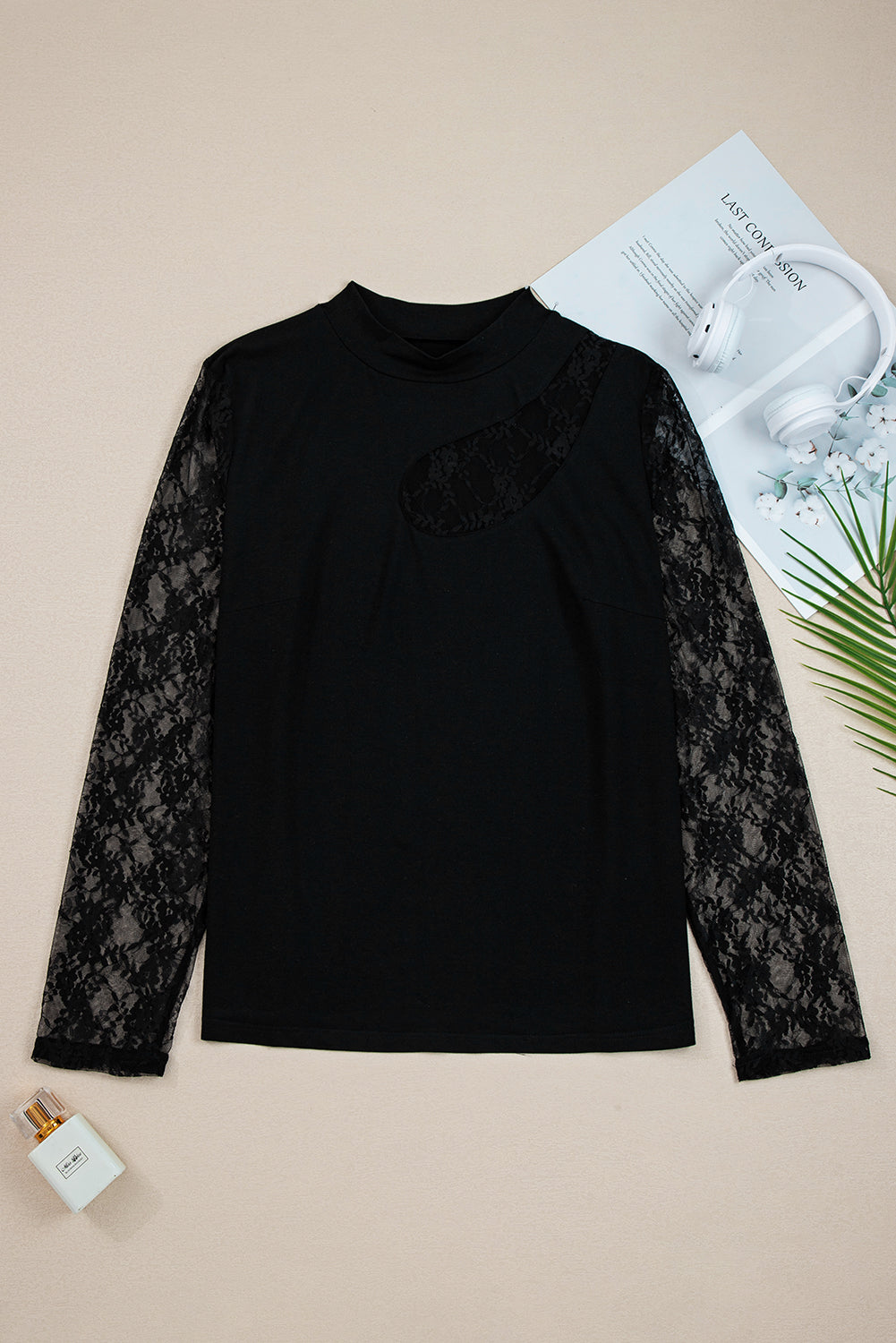 Black Plus Size Lace Patchwork Asymmetric Long Sleeve Top Plus Size Tops 93f0d18500061c32