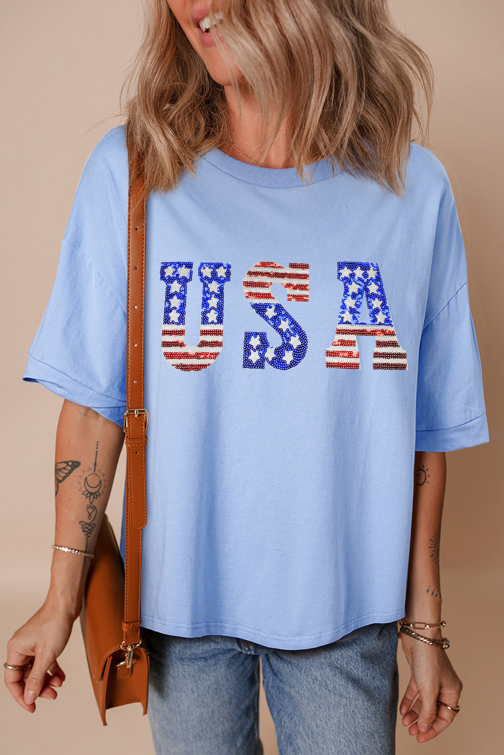 Myosotis USA Sequins Patch Drop Sleeve Crewneck T Shirt Graphic Tees 93f63e9259c7bc52