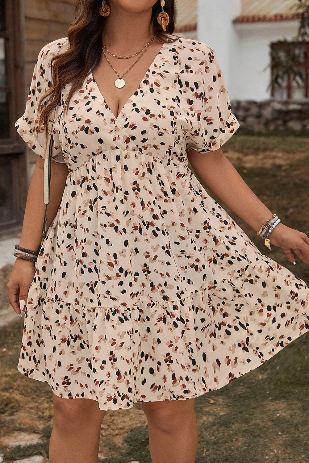 Beige Abstract Print Surplice V Neck Cuffed Sleeve Empire Waist Plus Size Dress Plus Size Dresses 93fa27af715253d4