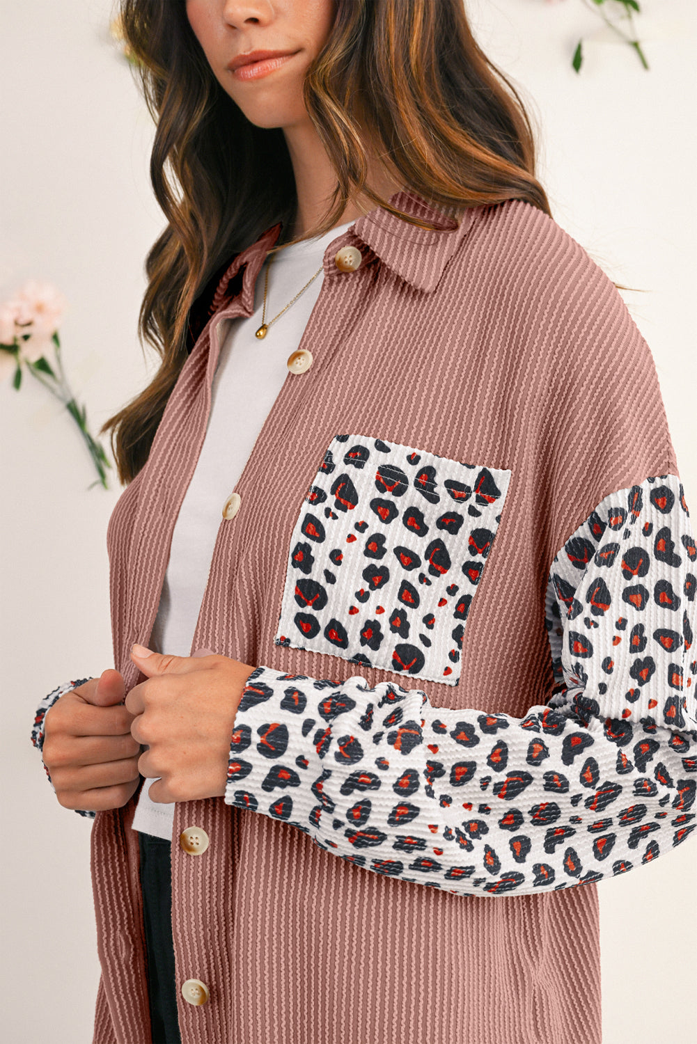 Dark Khaki Leopard Patchwork Twisted Ribbed Casual Shacket Jackets 93fe878337b5414f