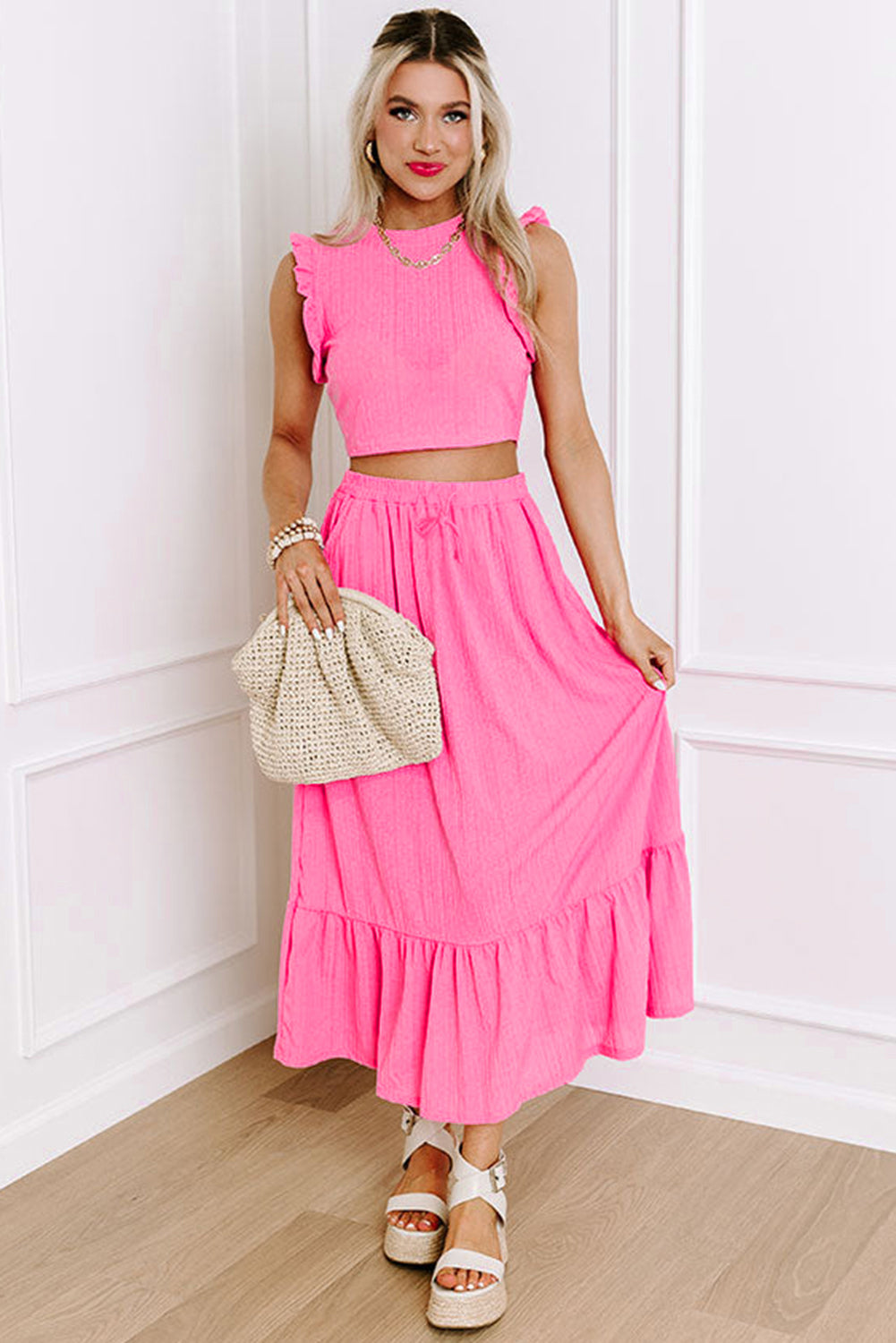 Bonbon Textured Ruffle Trim Crop Top and Drawstring Skirt Set Two Piece Skirt Sets 93ff9cec5909f978