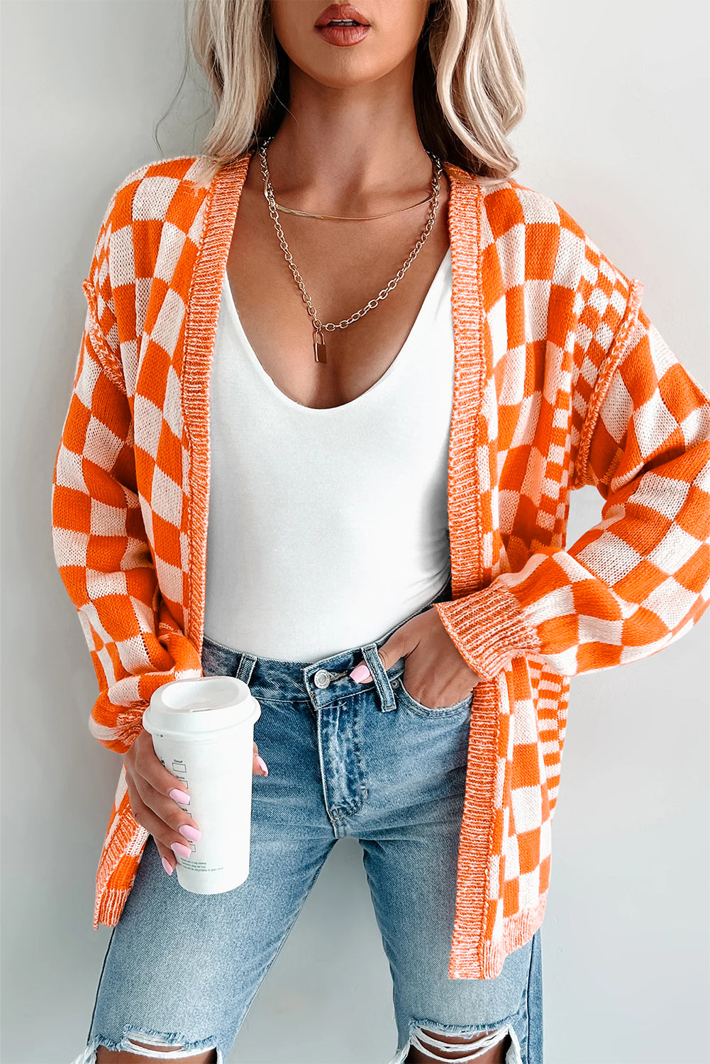 Orange Checkered Open Front Drop Shoulder Cardigan Cardigans 9405dbe903ee6c21