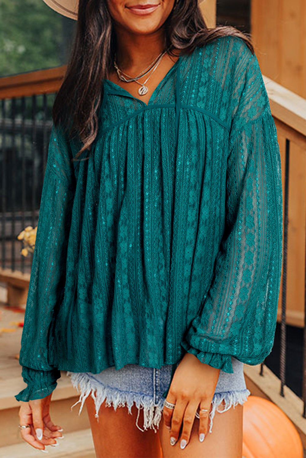 Evergreen Sheer Lace Balloon Sleeve Babydoll Blouse Blouses 940c5a5e02cb601b