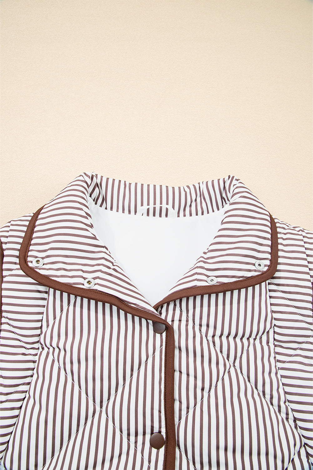 Brown Striped Snap Button Scalloped Hem Winter Vest Coats 94a5ff5fd1b3f726