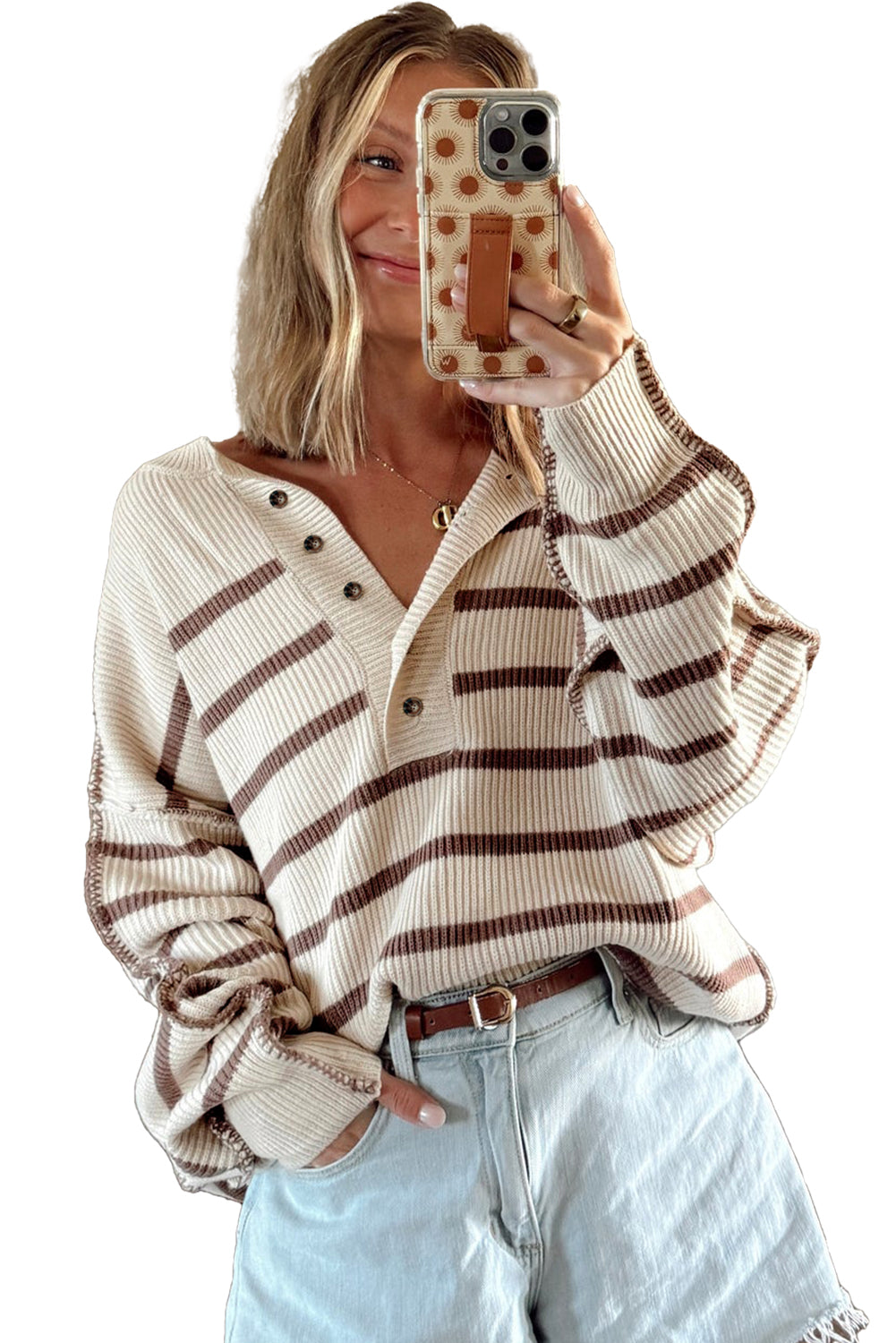 Brown Striped Exposed Seam Loose Henley Sweater Sweaters 952b6a34a138bf5f