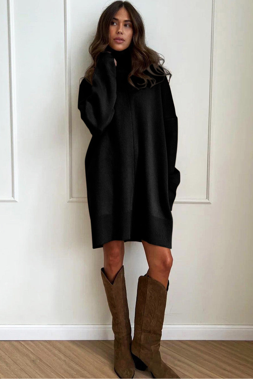 Gold Flame Solid Color Turtleneck Drop Shoulder Loose Sweater Dress Sweater Dresses 956163f729b54412