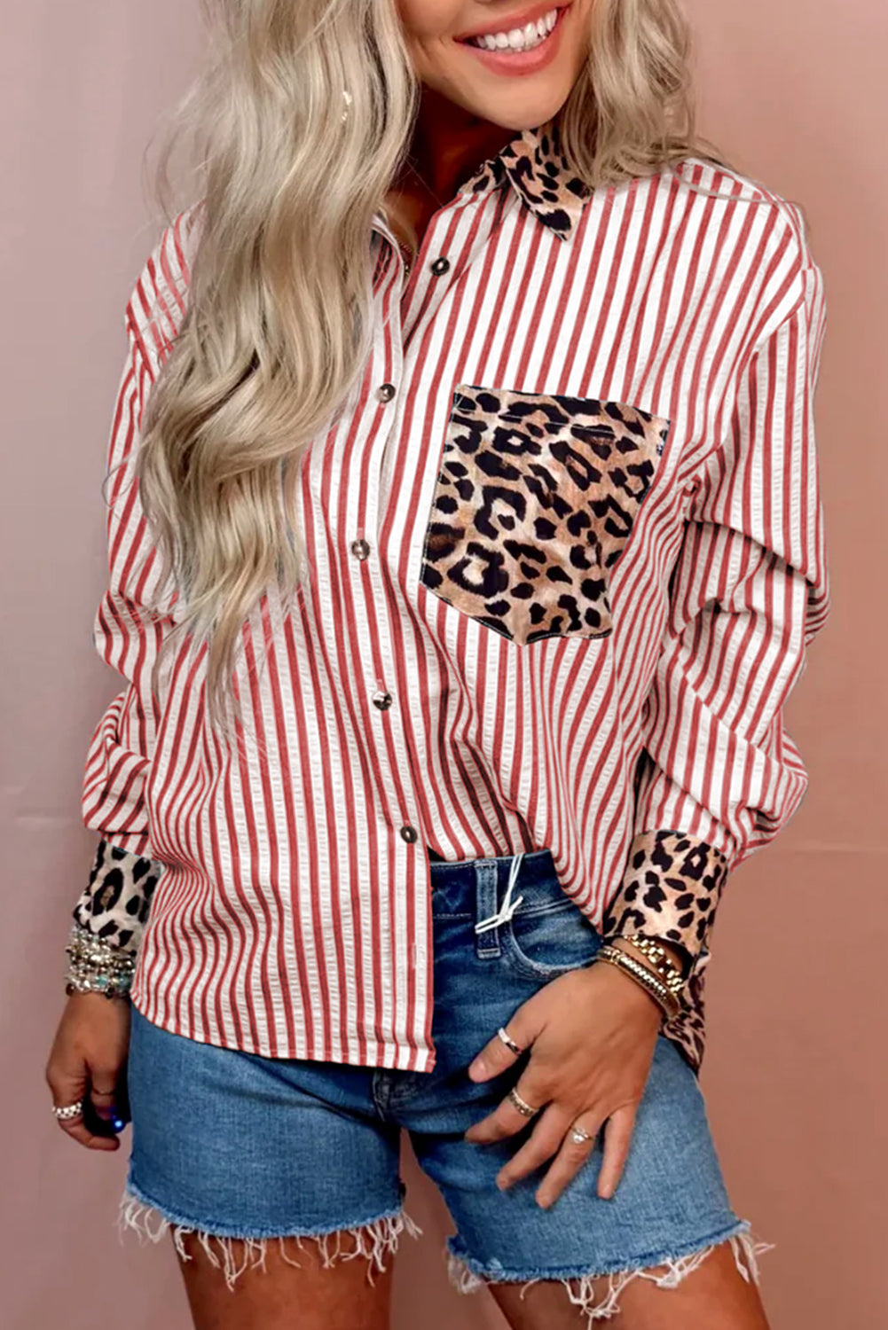 Racing Red Leopard and Striped Patchwork Button Shirt T Shirts 956a187be2c11d2e