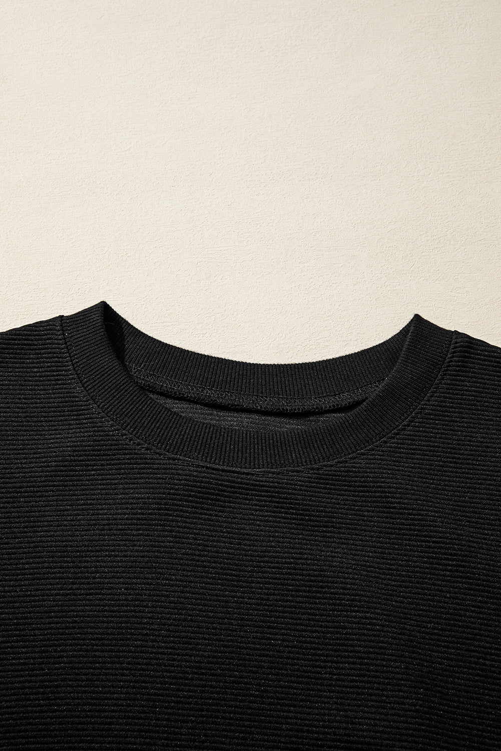 Black Ribbed Texture Baggy Drop Shoulder Pullover and Shorts Set Two Piece Shorts Sets 95acae3ac7d98cf3