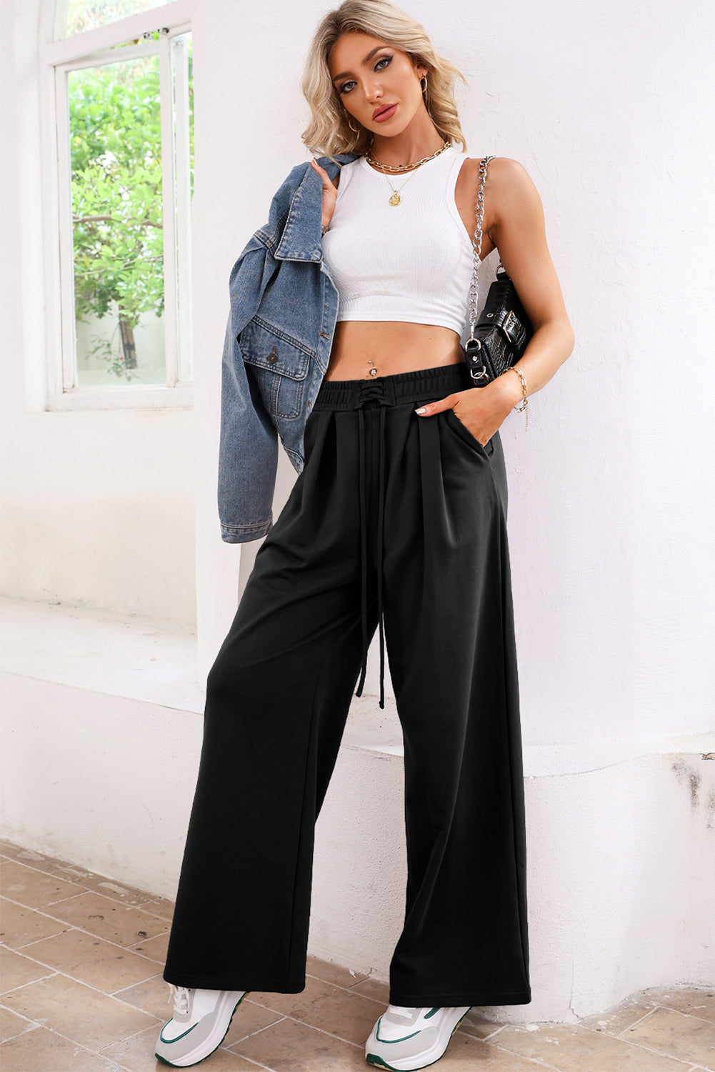 Burgundy Tied Elastic High Waist Pleated Detail Solid Sweatpants Pants & Culotte 95acb81a7224c6a8