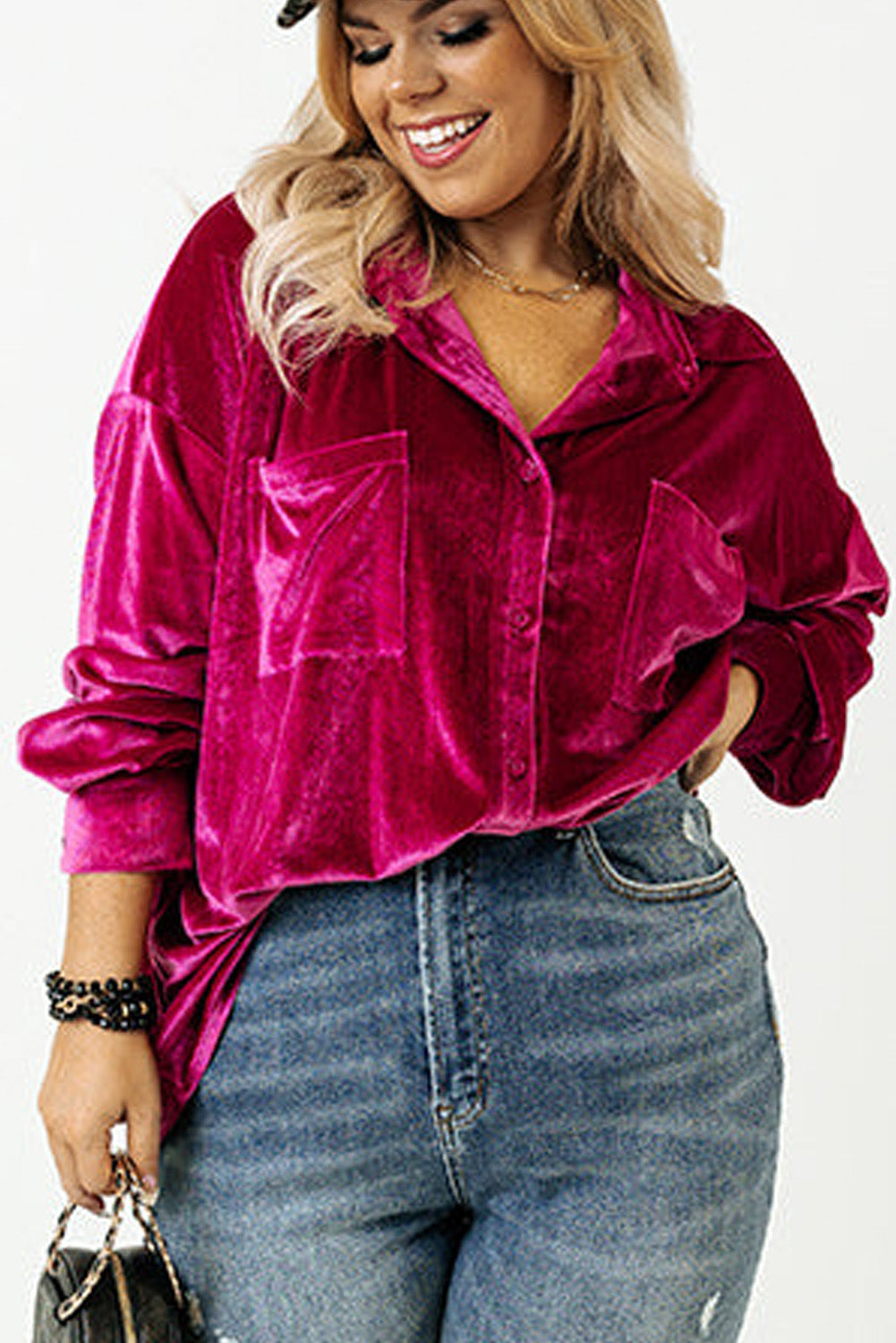 Bright Pink Plus Size Velvet Chest Pocket Drop Shoulder Shirt Plus Size Tops 95b3b5b128134255