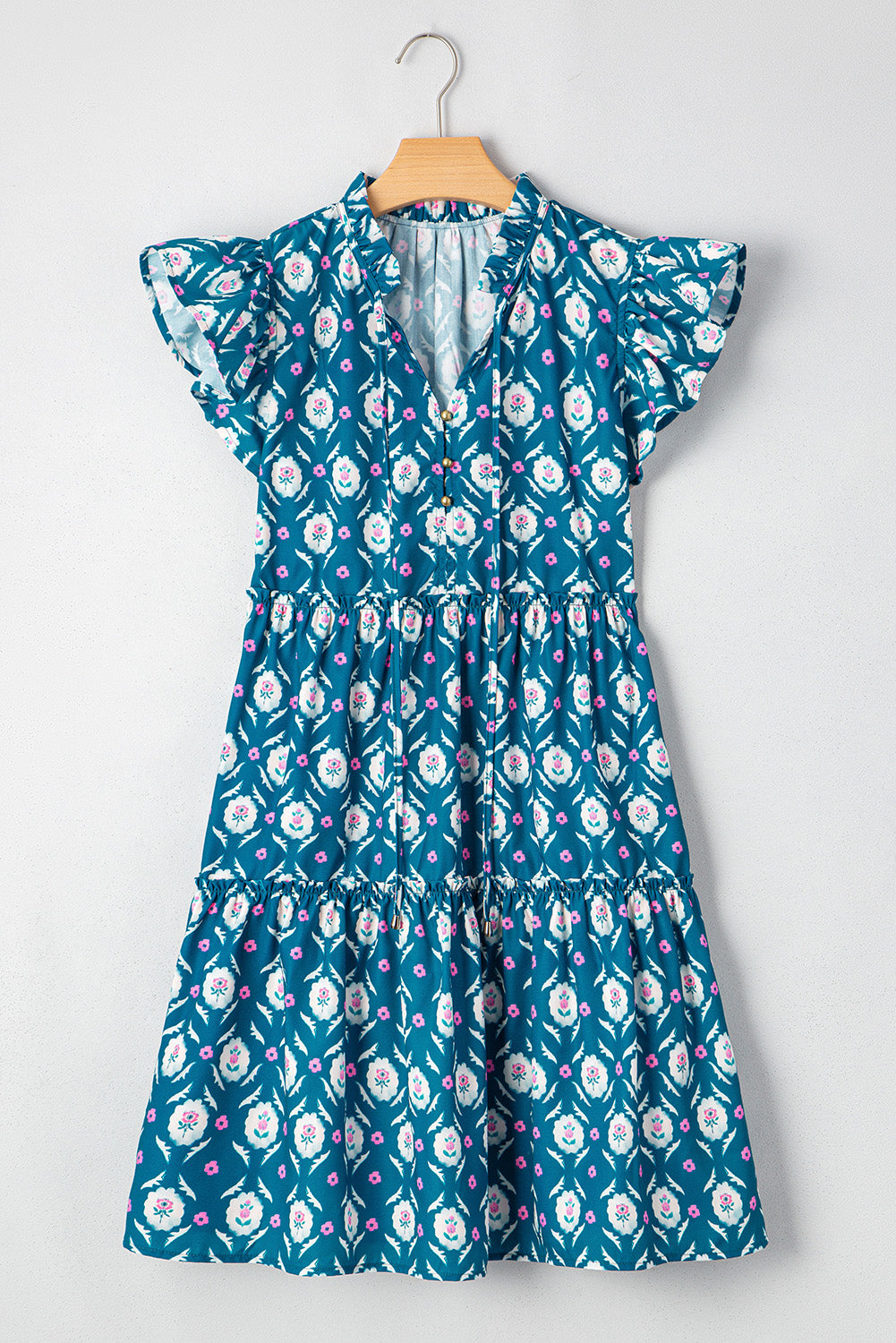 Blue Retro Floral Print Split Neck Ruffle Short Sleeve Dress Short Dresses 95f2ca13d4049c6a