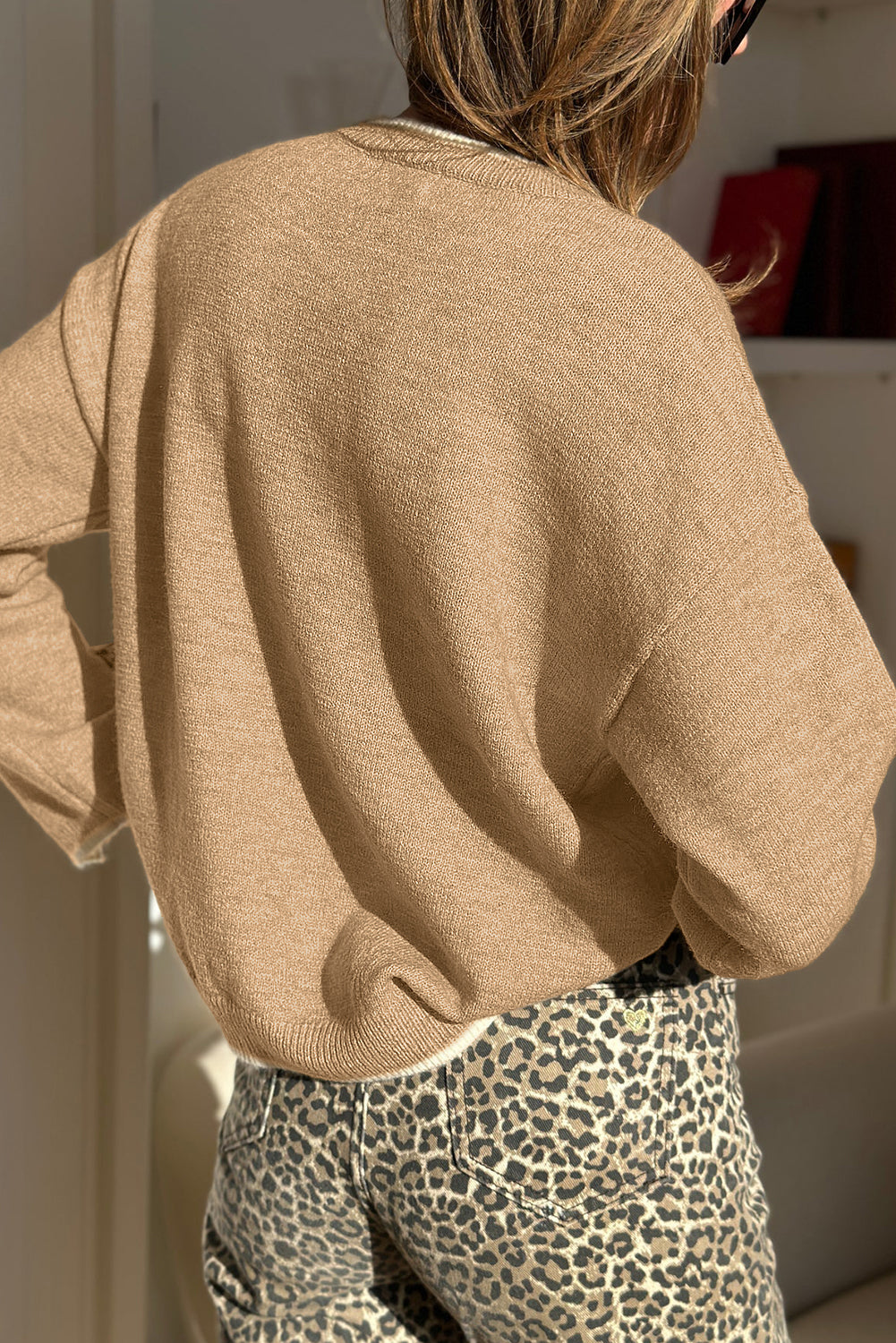 Tan Leopard Bow Decor Split Cuffs Contrast Trim Sweater Sweaters 96136ebde7f774a3