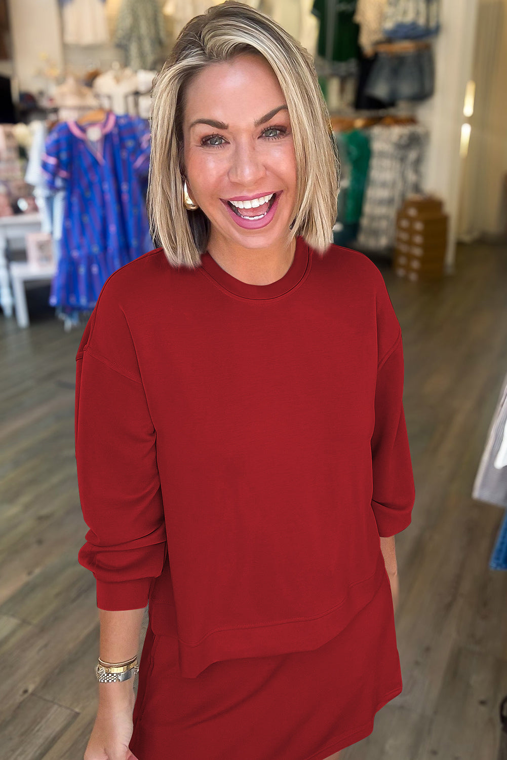 Racing Red Solid Color Drop Shoulder Pullover Drawstring Mini Skirt Set Two Piece Skirt Sets 9631e640111456a0