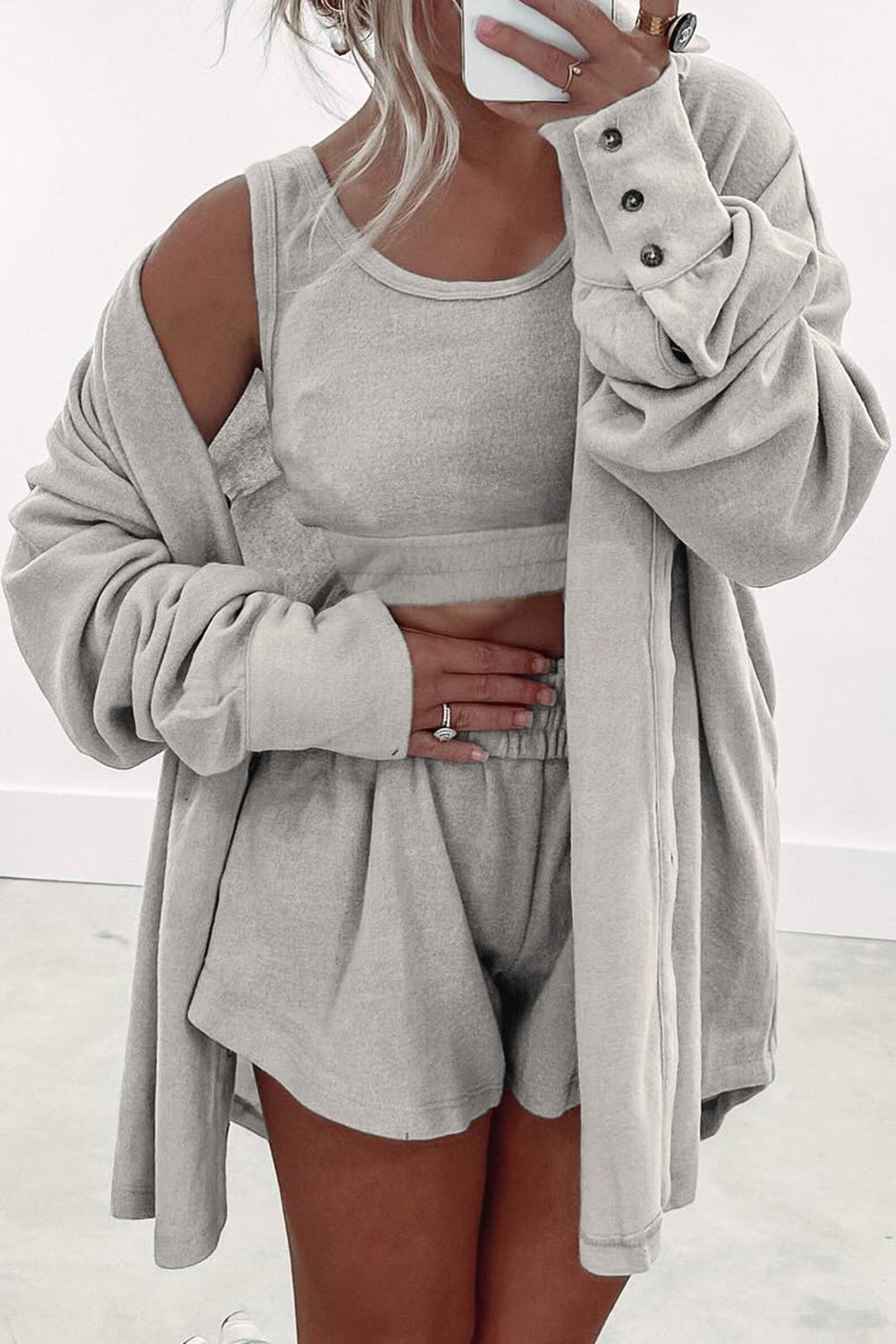 Gray Shirred Hem Crop Tank Top Loose Shorts Cardigan 3 Piece Pajama Set Loungewear Set 96491aab0405fb84