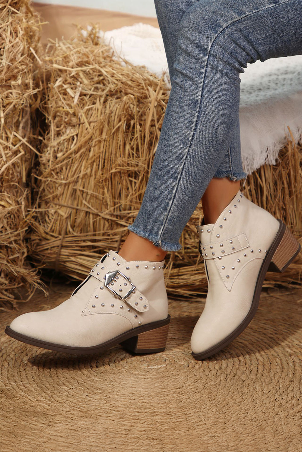 White Faux Leather Studded Pointed Toe Block Heel Ankle Boots Boots 965b052d045fdcdf