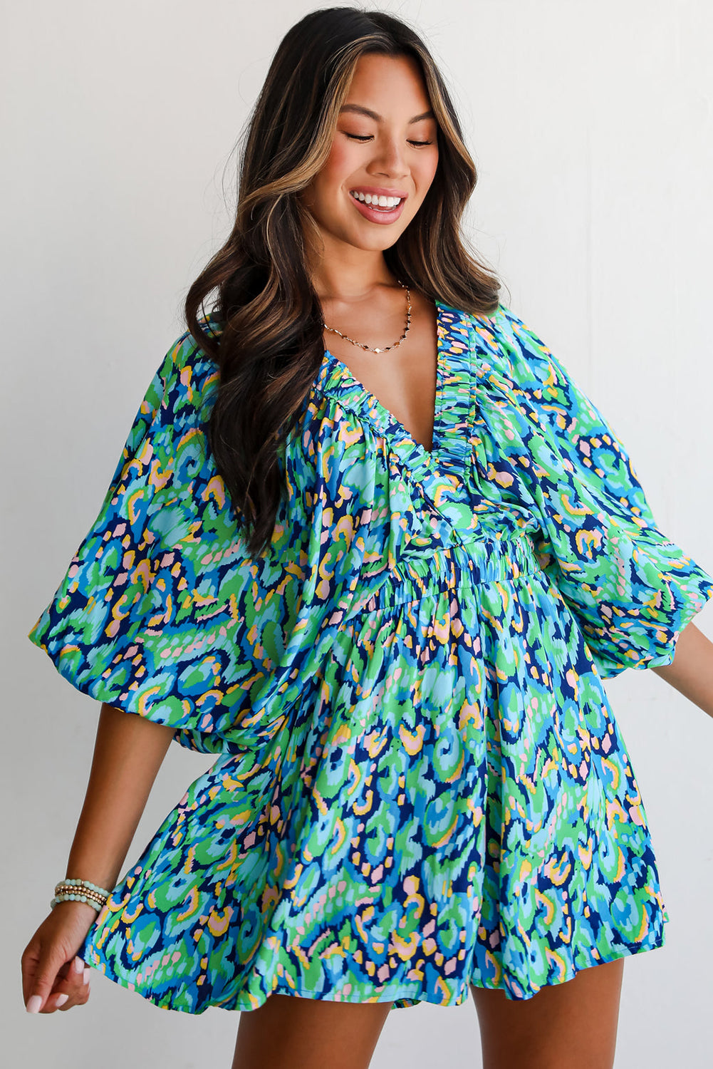 Green Abstract Print Batwing Sleeve V Neck High Waist Romper Rompers 966b2e0ed15c1447