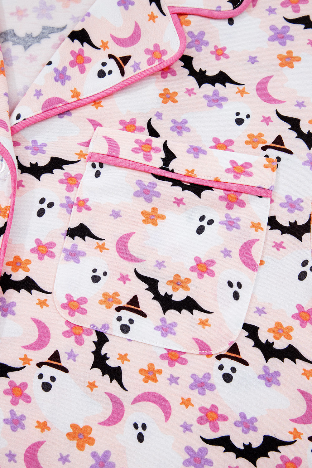 Pink Cute Floral Halloween Ghost Print Long Pajama Set Loungewear Set 96d298439becf601