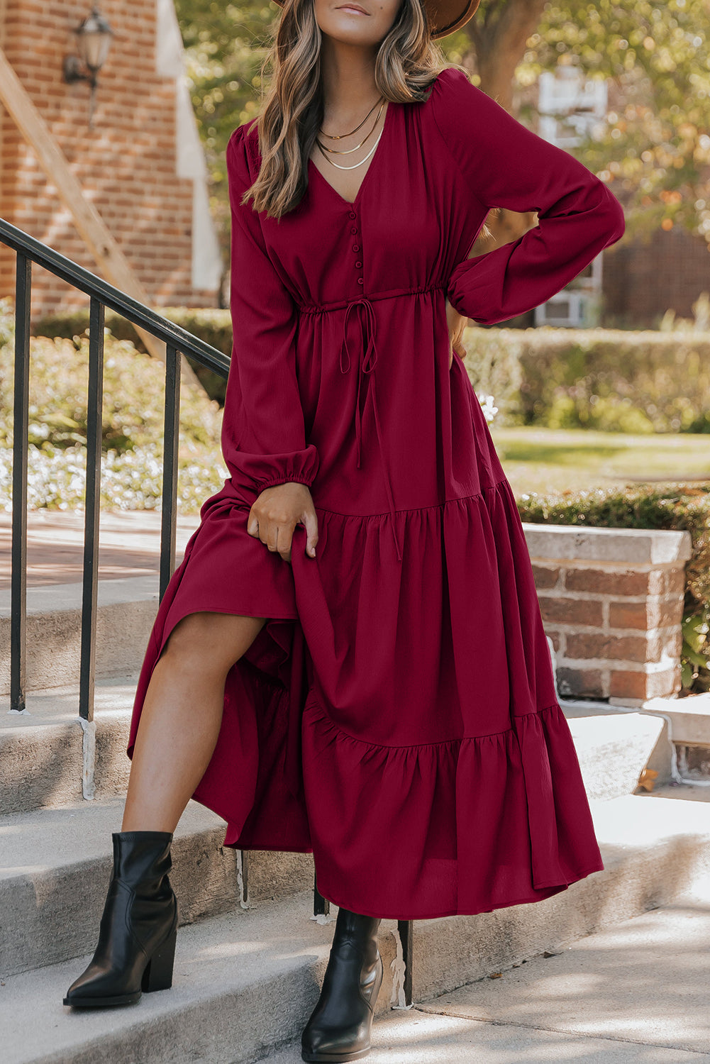 Burgundy Solid Long Sleeve Button V Neck Tiered Maxi Dress Maxi Dresses 96eeefc0ad586b50