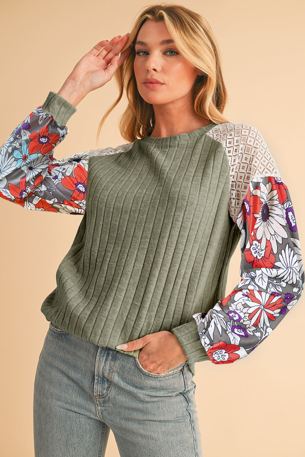 Laurel Green Floral Patchwork Raglan Sleeve Ribbed Blouse Long Sleeve Tops 96f6356d05eea6da