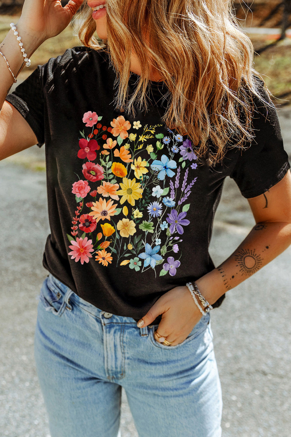 Black Flower Heat Transfer Printing Cotton Blend Casual Tee Graphic Tees 9773ff03ddc68a7d