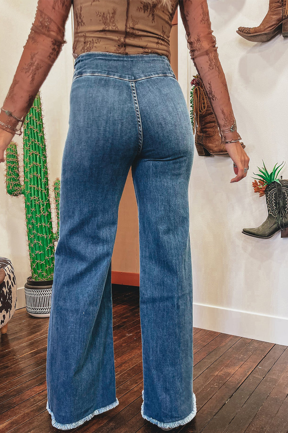 Sail Blue High Waist Button Raw Hem Jeans Jeans 97998b5a68013952