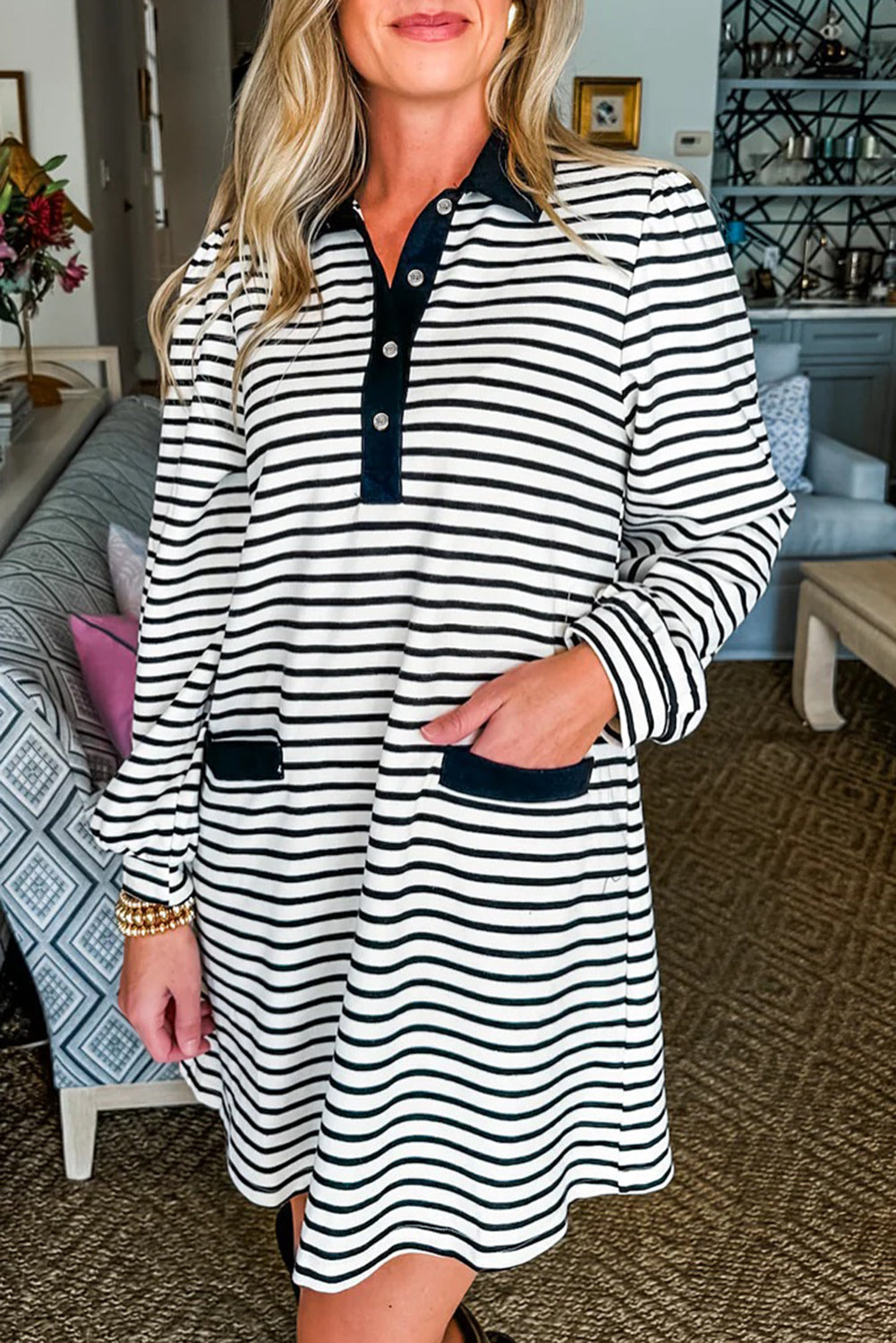 White Stripe Buttoned Front Collared Long Sleeve T Shirt Dress with Pockets Mini Dresses 97e25394699e8642