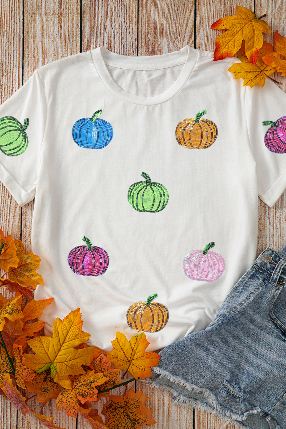 White Sequin Pumpkin Patched Cotton Blend T Shirt Graphic Tees 980ae0d4de404d23