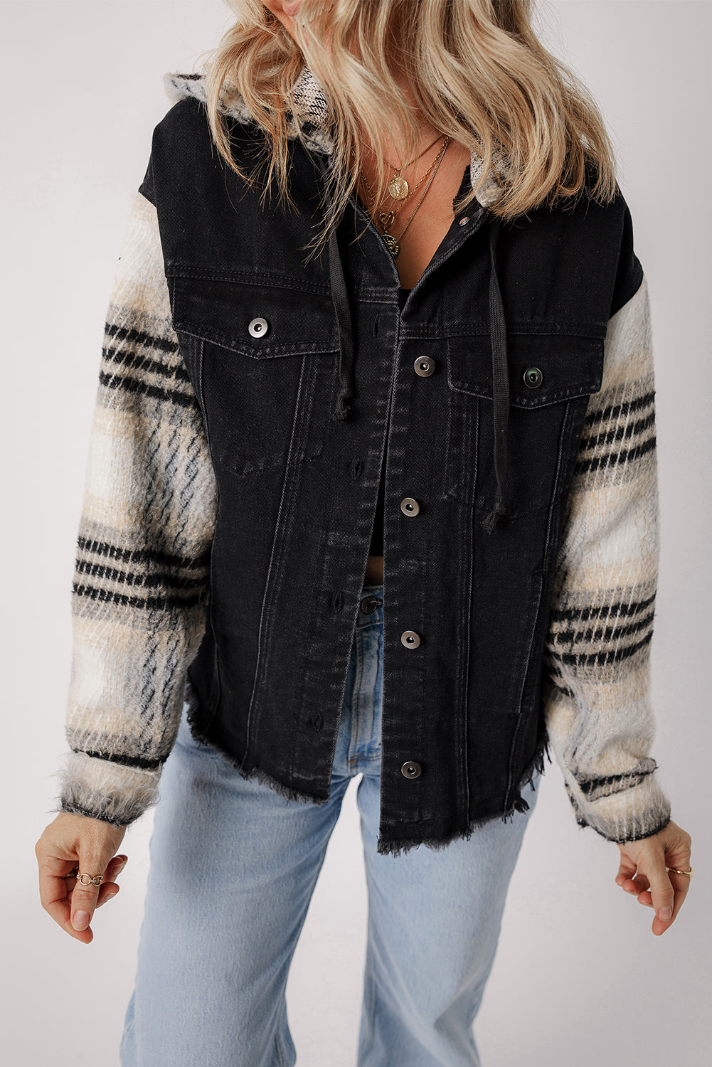 Black Patchwork Plaid Sleeve Frayed Hem Hooded Denim Jacket Jackets 980ed52104be12d6