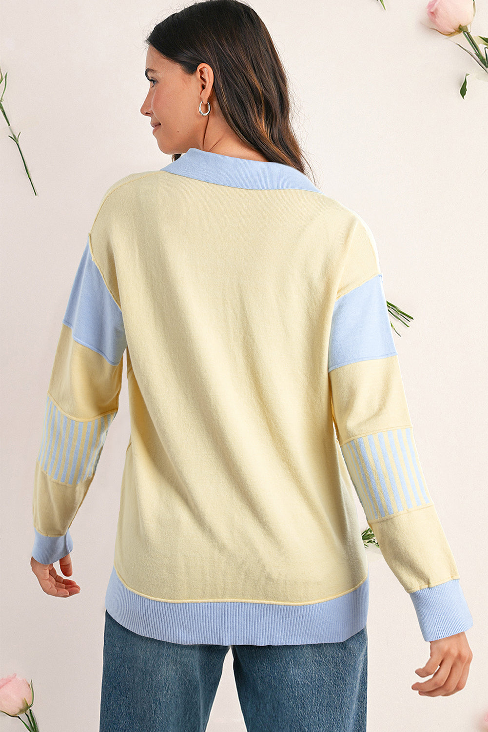 Sky Blue Striped V Neck Collared Colorblock Patchwork Sweater Sweaters 98161fec3064707d