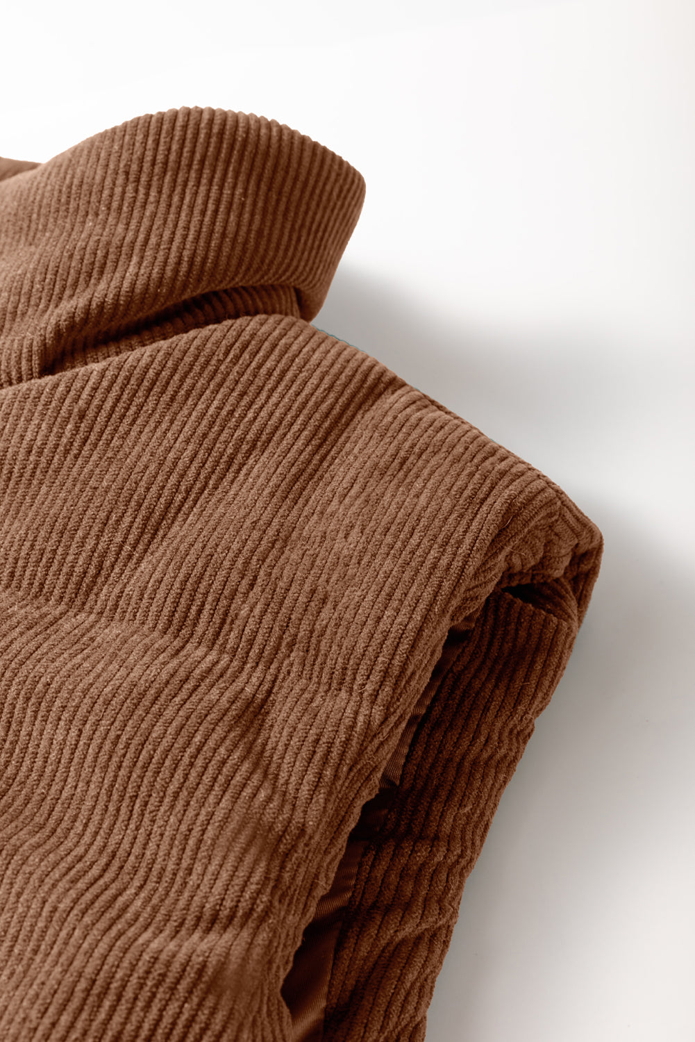 Beige Corduroy Stand Neck Zipped Puffer Vest Vests 9817a9c520392445