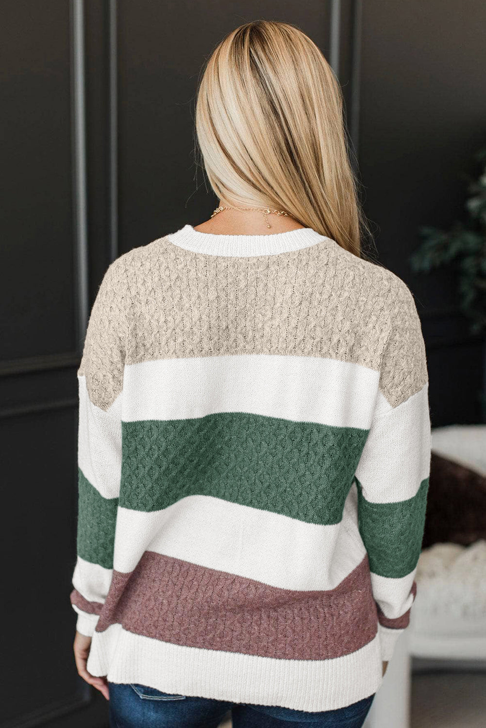 Green Mixed Texture Knit Striped Color Block Loose Sweater Sweaters 9849ae12f44d88c7