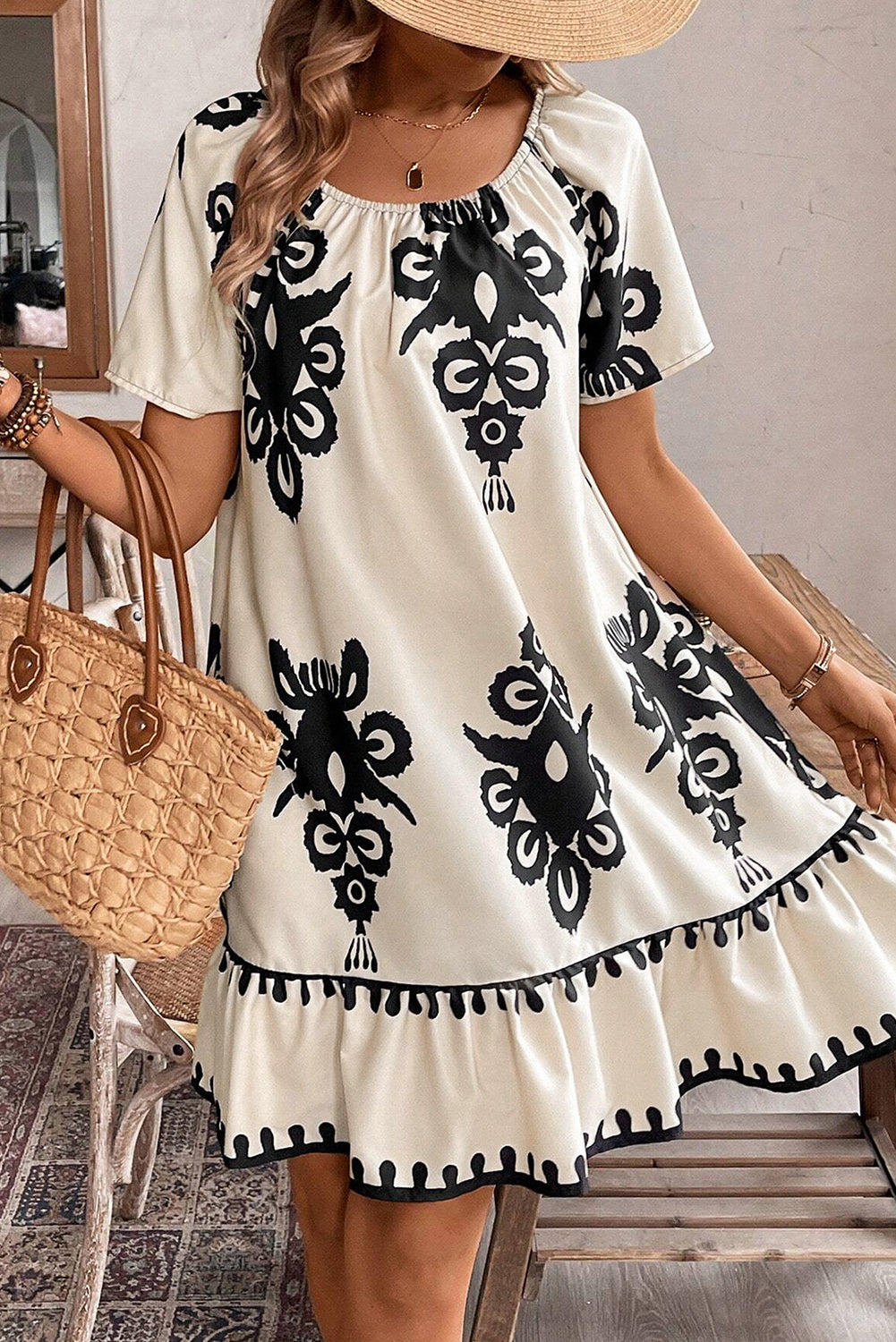 Apricot Ethnic Print Ruffle Hem Loose Mini Dress Short Dresses 9896792842a502e7