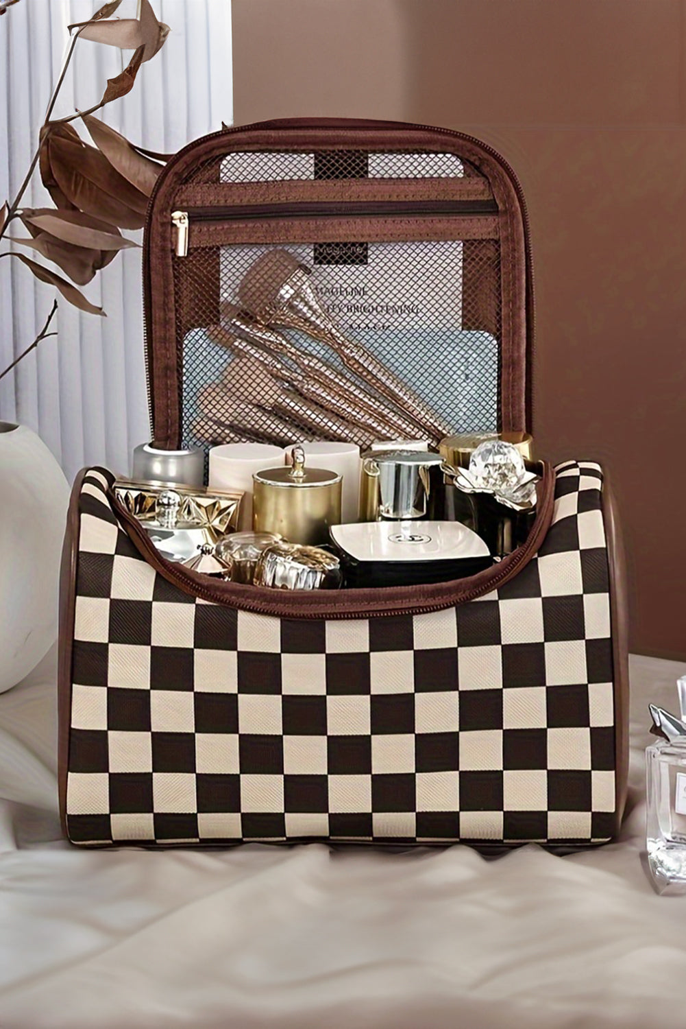 Checkered Zipper Large Cosmetic Bag with Handle Bags 989ecc95e30c1446