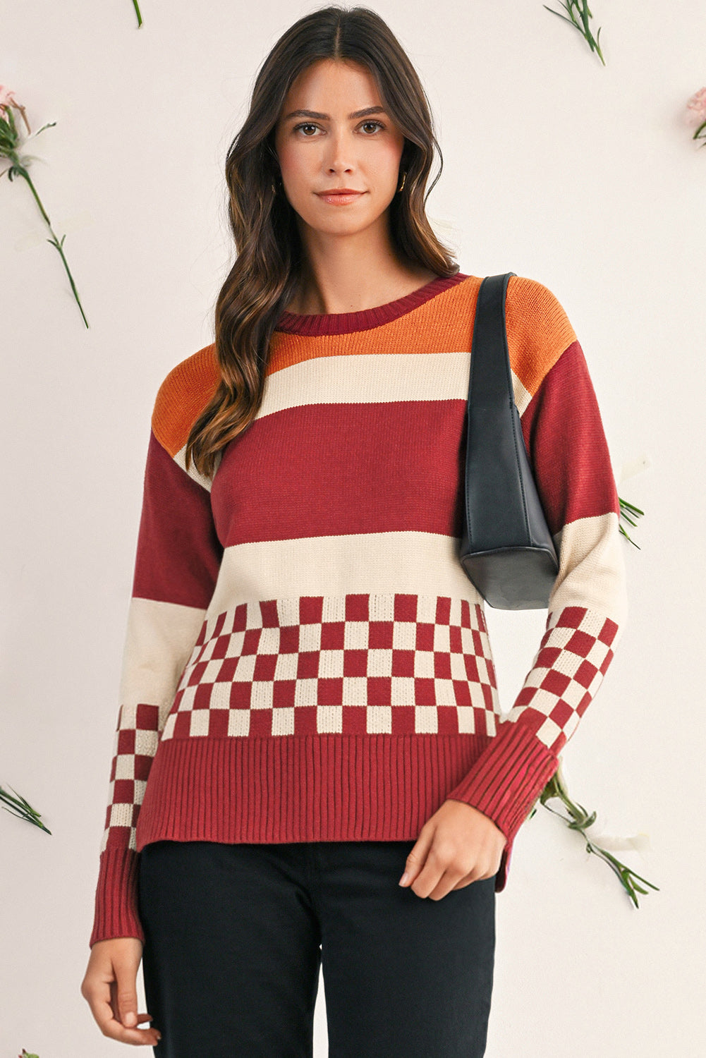 Brown Checkered Colorblock Knitted Drop Shoulder Sweater Sweaters 98a2f753358fef71