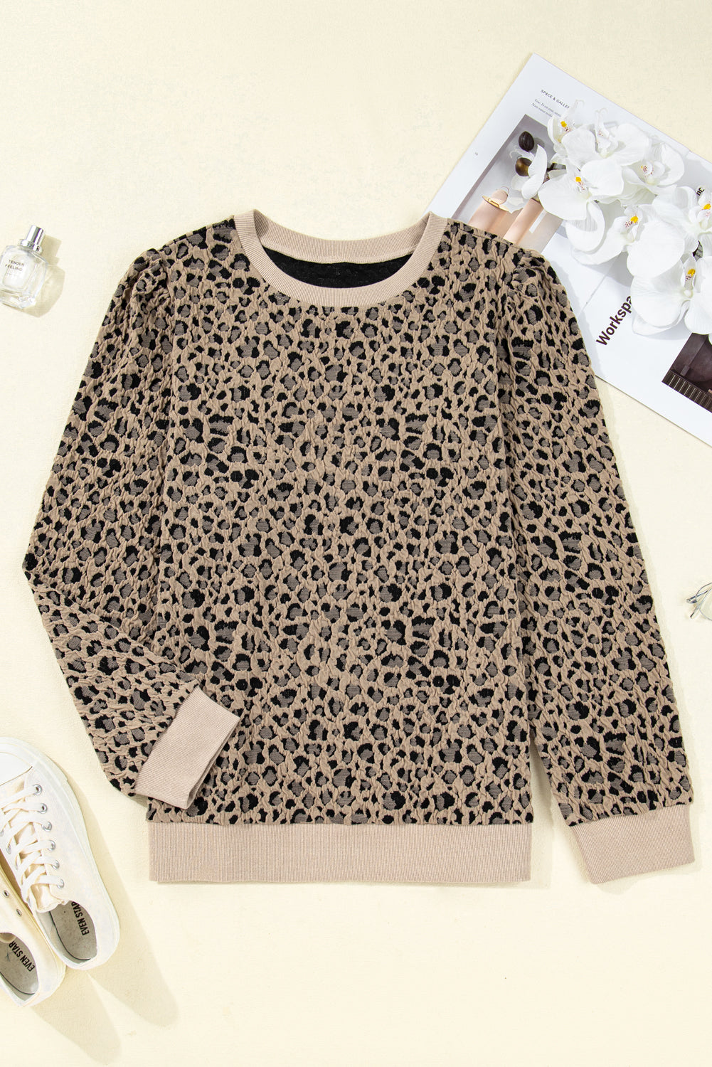 Khaki Leopard Textured Ribbed Trim Plus Size Long Sleeve Top Plus Size Tops 98b0c520f308d35b