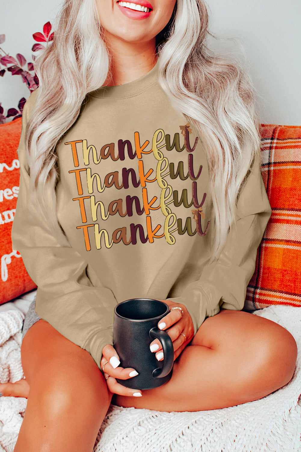 Khaki Thankful Letter Heat Transfer Printing Drop Shoulder Casual Sweatshirt Graphic Tees 9956144a5fc2f638