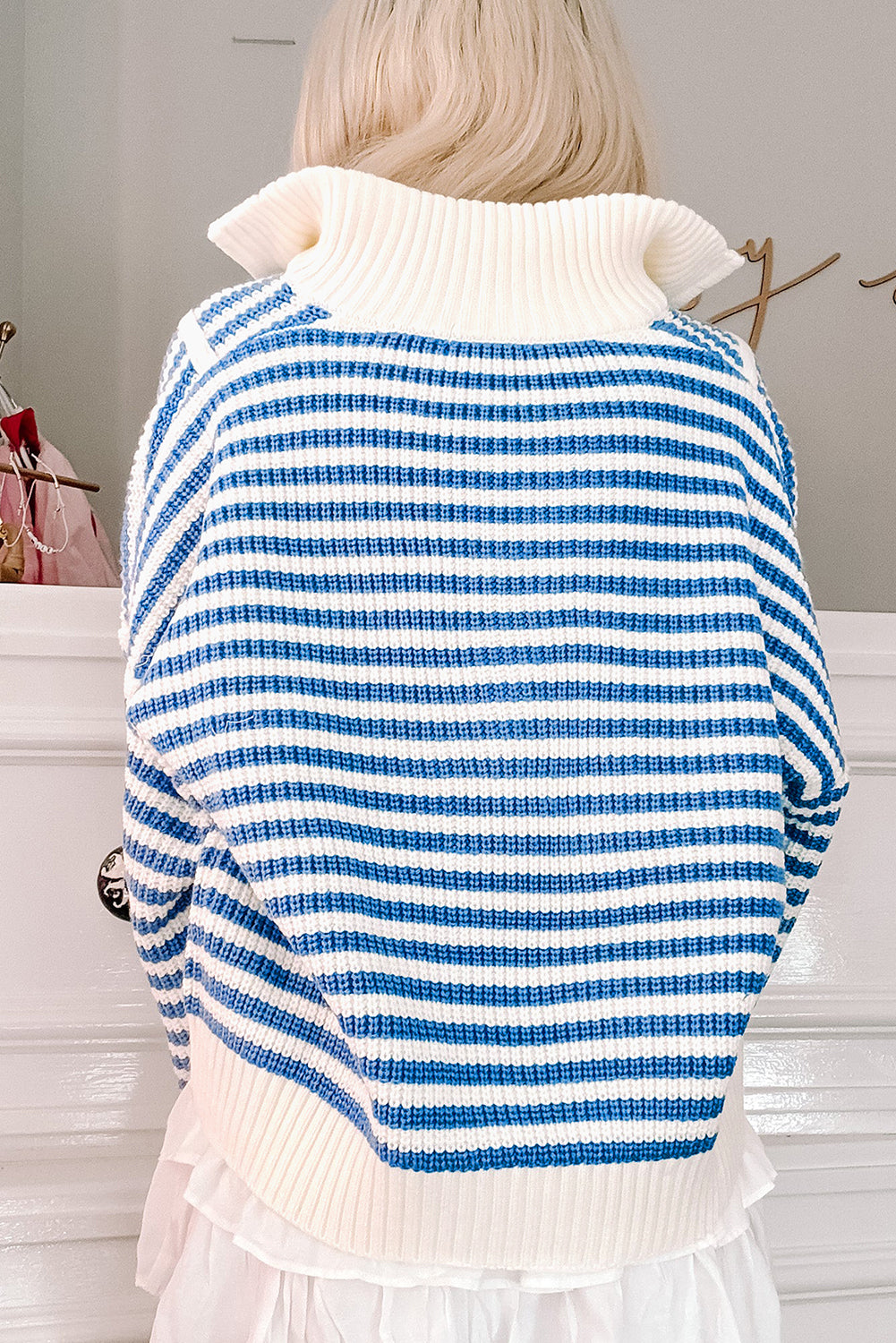 Sky Blue Stripe Zip up Collar Drop Sleeve Sweater Sweaters 9979e07df2a549d0
