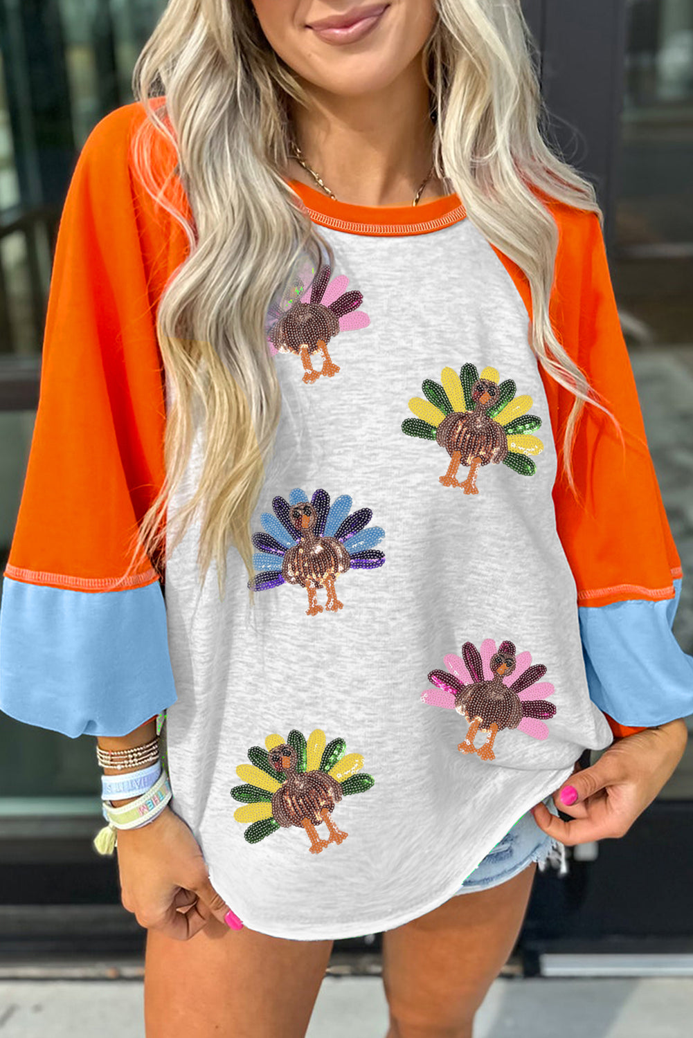 Light Grey Thanksgiving Turkey Graphic Sequins Patch Color Block Raglan Sleeve Top Graphic Apparel 997f46c958518044