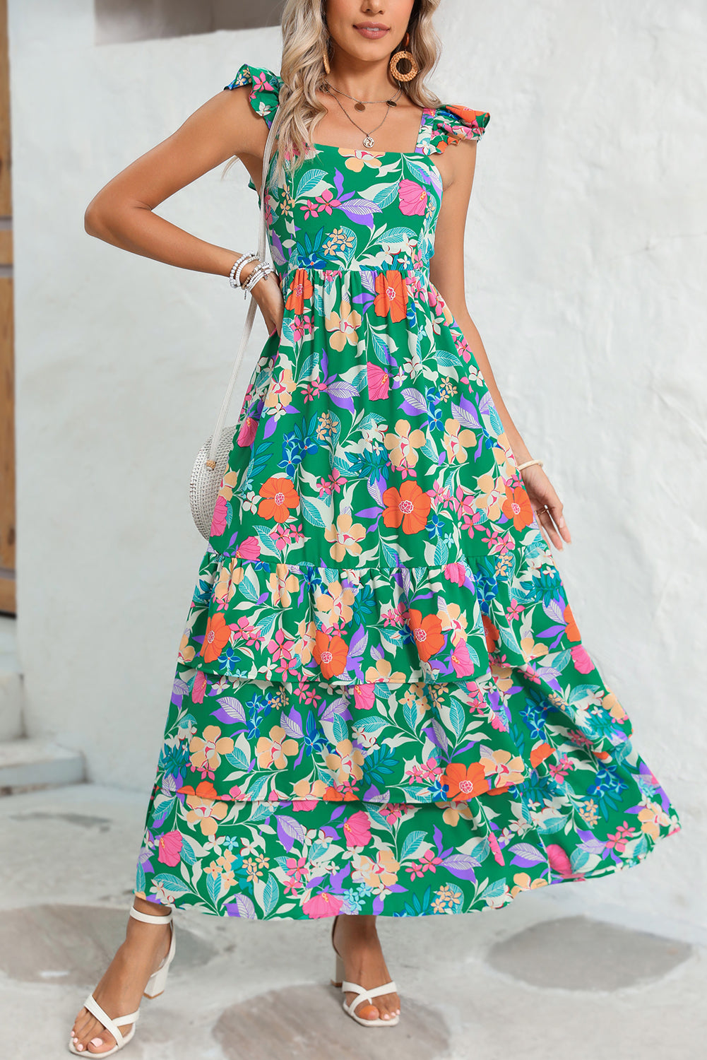 Green Boho Floral Print Ruffle Sleeveless Tiered Maxi Dress Maxi Dresses 99c037655f0d94f9