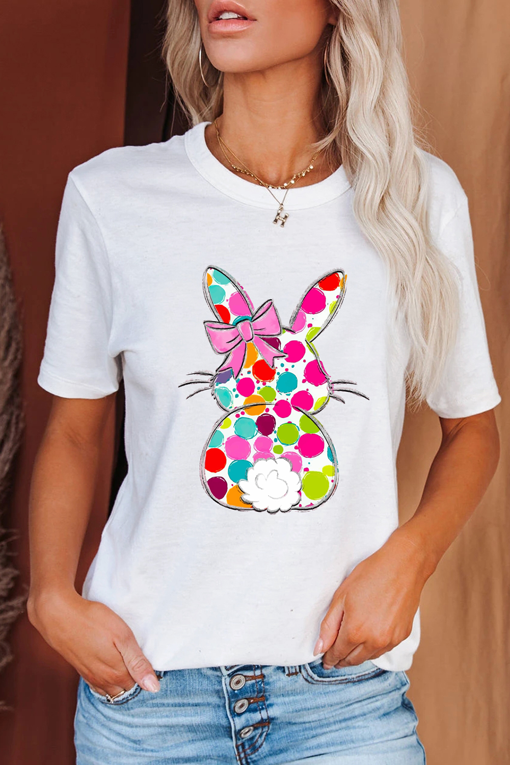 White Polka Dot Bow Rabbit Heat Transfer Printing Graphic Crewneck Easter Tee Graphic Tees 99fc90d9bc7cbf8b